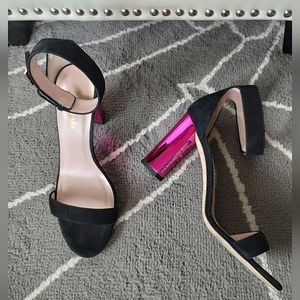 Kate Spade "Ilona Too" Italian Made Black Suede Metallic Pink Heels